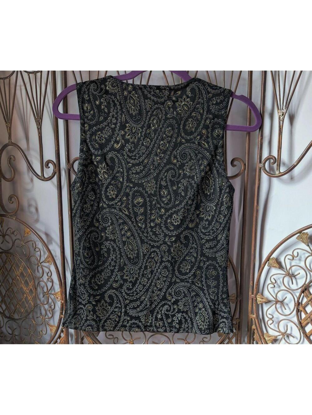 Wrapper Vintage Black Gold Metallic Paisley Scoop Neck Sleeveless Top Medium